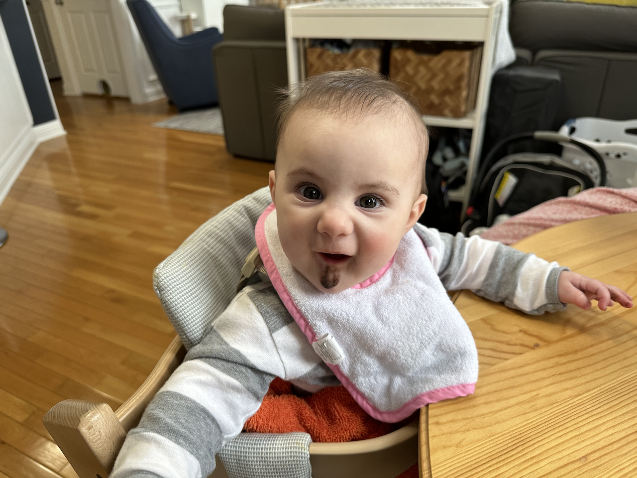 Zoe with a goatee of black beans.